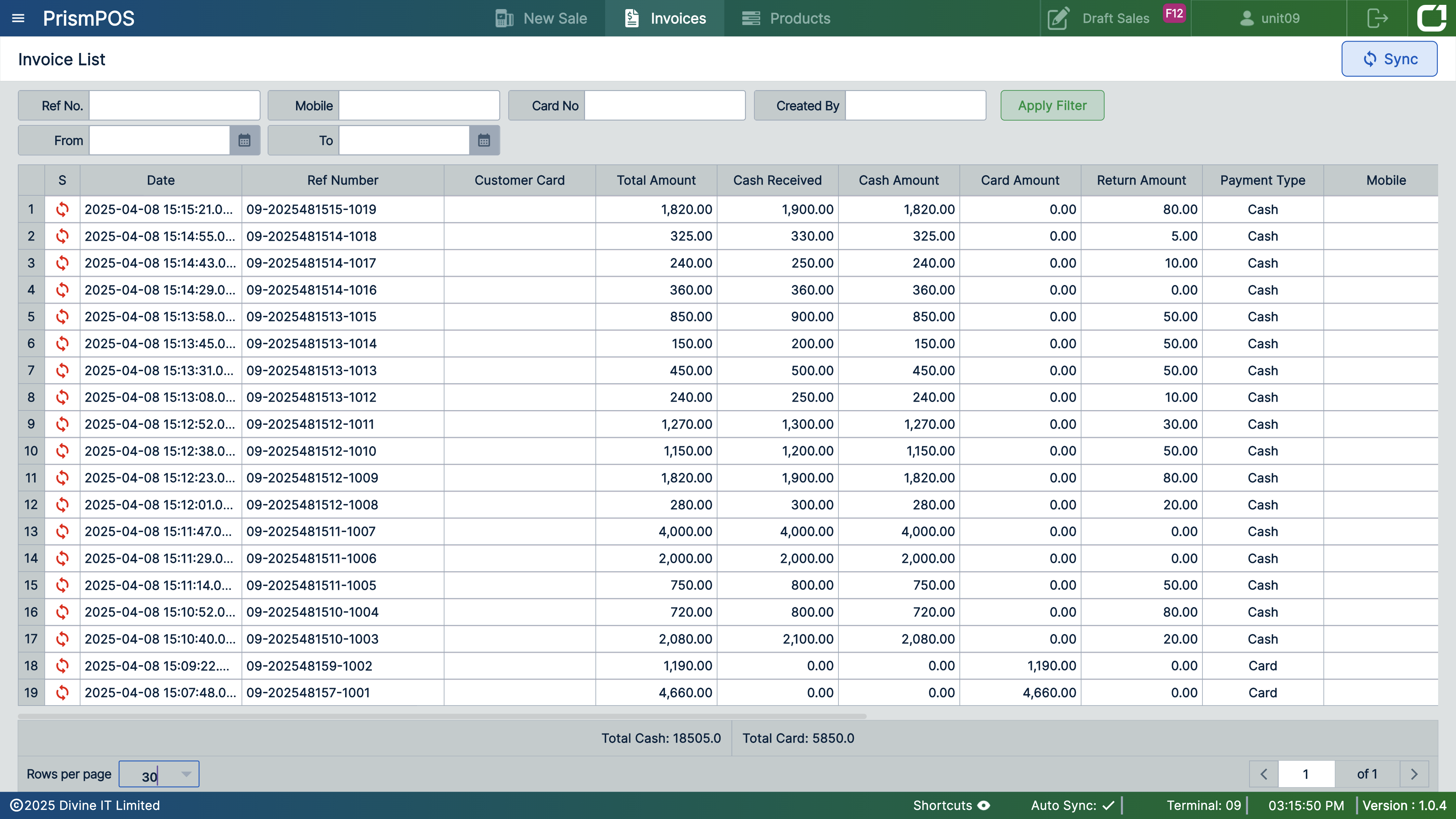PrismPOS- Sale Invoice list
