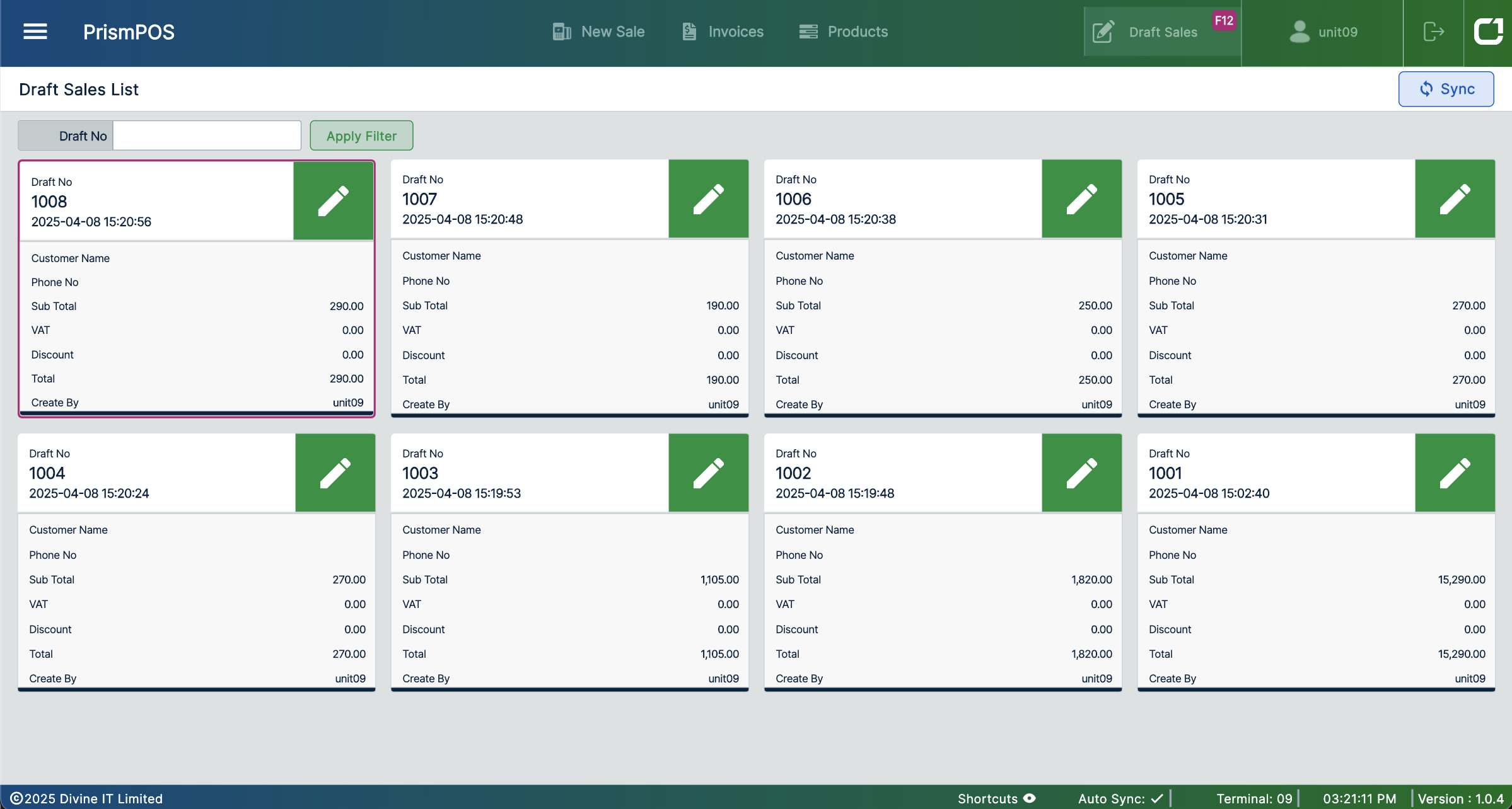 PrismPOS- Draft Sale list 